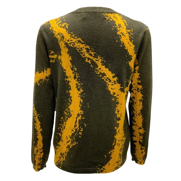 PRABAL GURUNG OLIVE GREEN / MUSTARD YELLOW EMBELLISHED WOOL AND CASHMERE KNIT CA - Picture 3 of 5